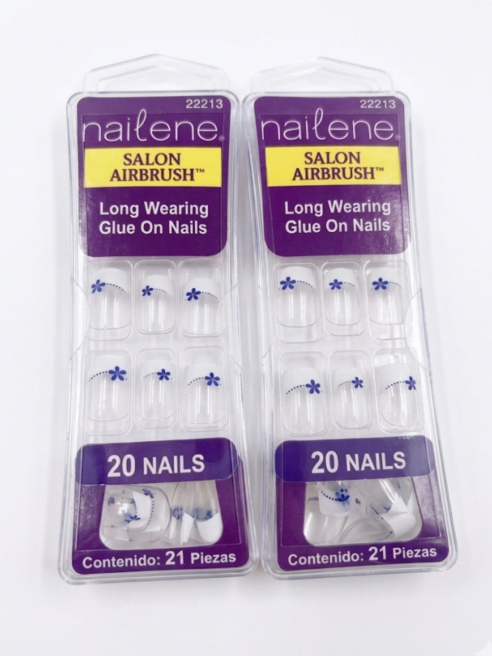 NEW Nailene Salon Airbrush White French Glue-On Nails with Blue Floral Accent